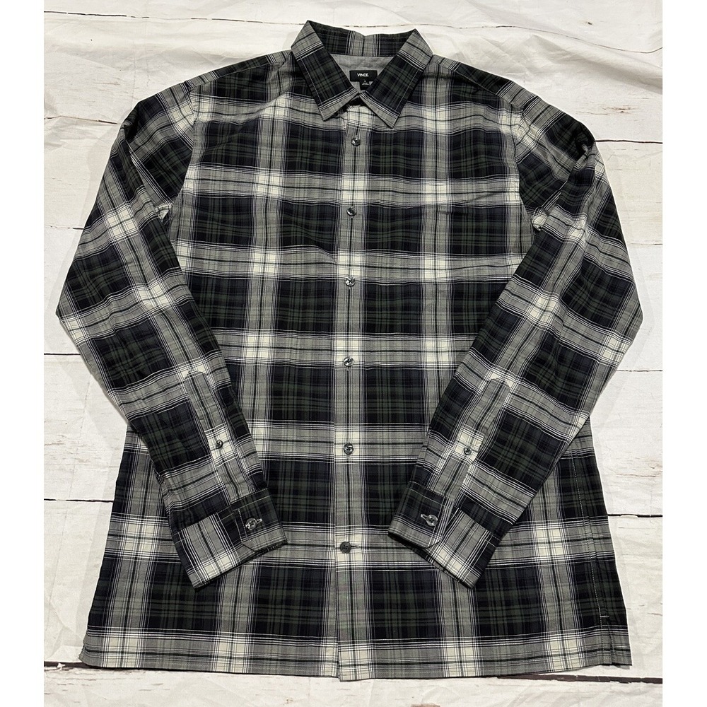 VINCE Men's Button Up Shirt Long Sleeve Black Grey Plaid Size Medium